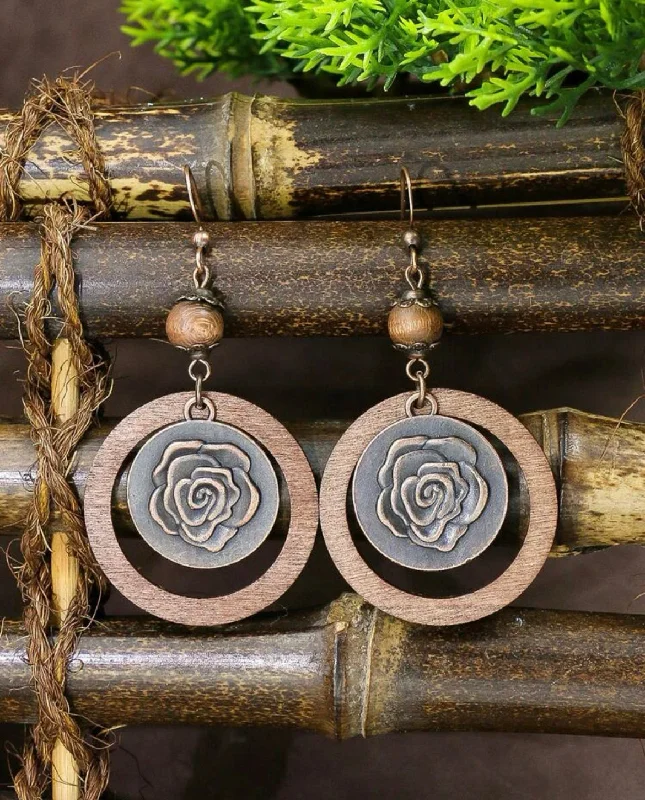 Ladies earrings natural gems-Round Wooden Rose Drop Earrings