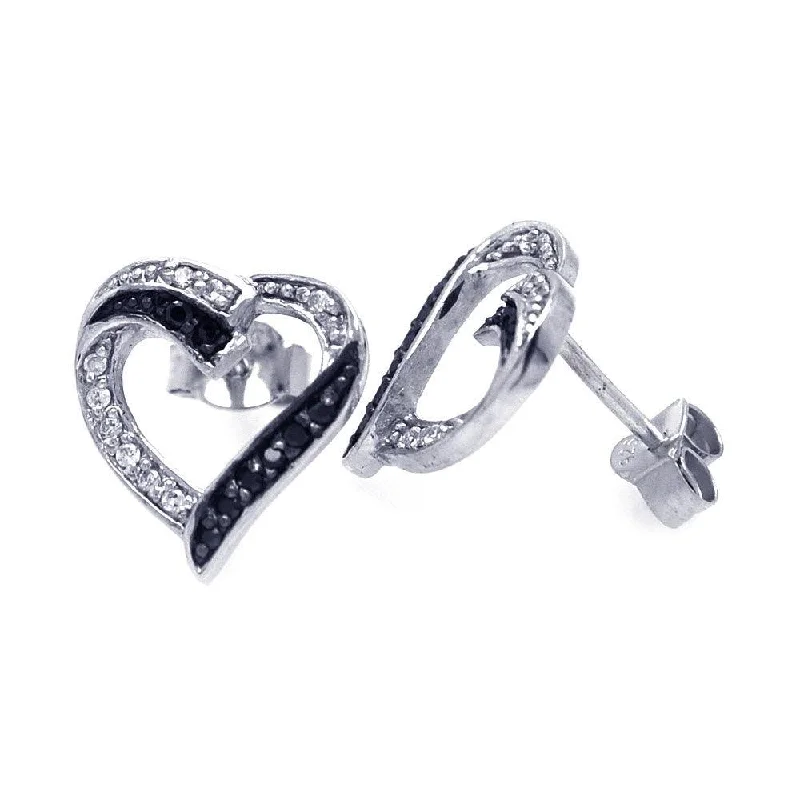 Ladies earrings rose gold-Silver 925 Black and Silver Rhodium Plated Round Clear CZ Heart Post Earrings - STE00701