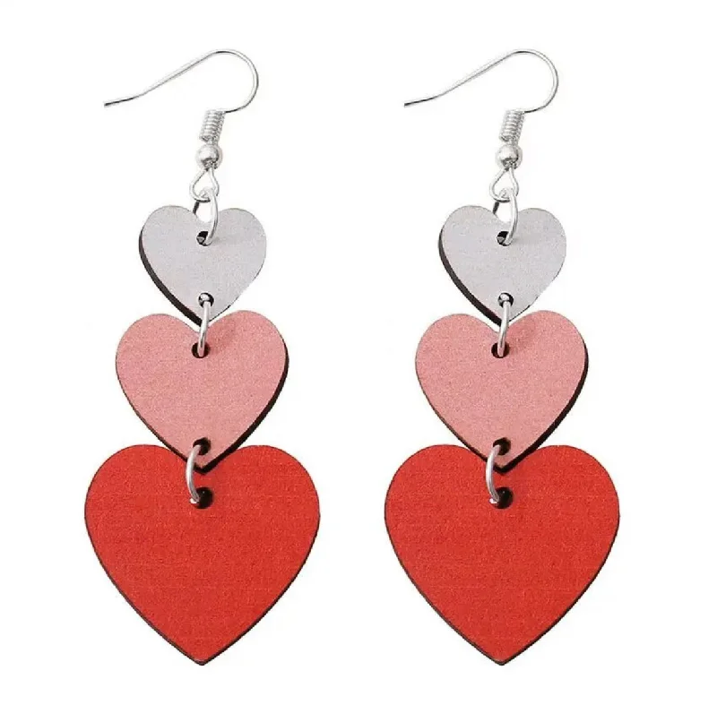 Ladies earrings floral accents-Red, White, and Pink Wooden Heart Drop Earrings