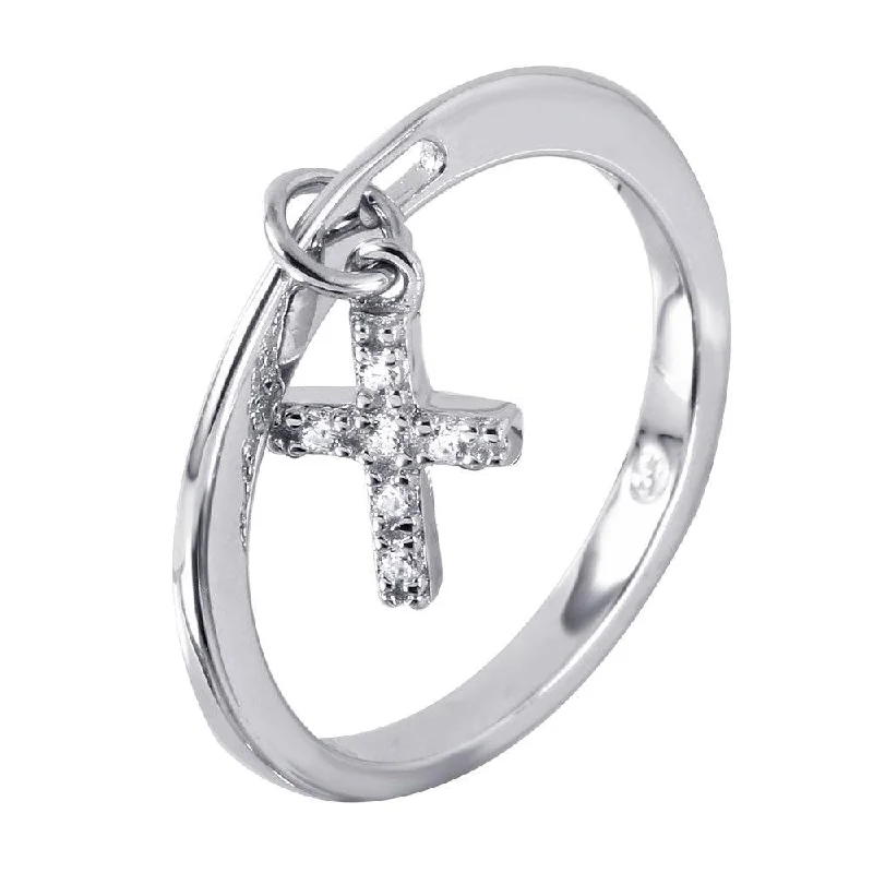 Ladies rings mature styles-Silver 925 Ring Dangling Cross with CZ Accents - BGR00939