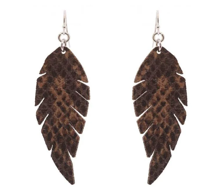 Ladies earrings ruby pendants-BROWN SNAKE SKIN STYLE FAUX LEATHER FEATHER EARRINGS