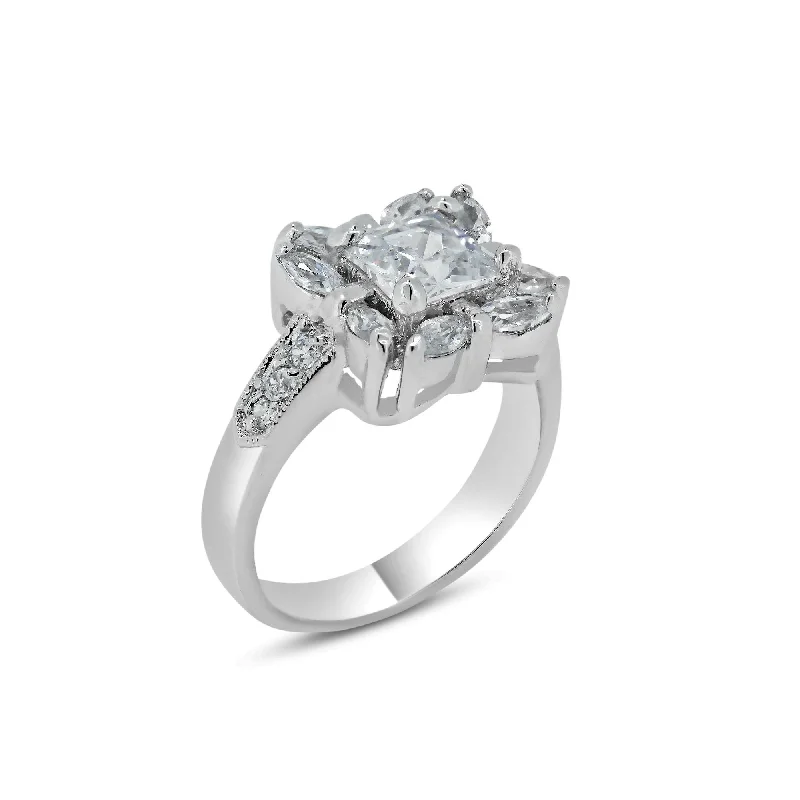 Ladies rings vintage charm-Rhodium Plated 925 Sterling Silver Clear Center CZ Square Bridal Ring - BGR00559