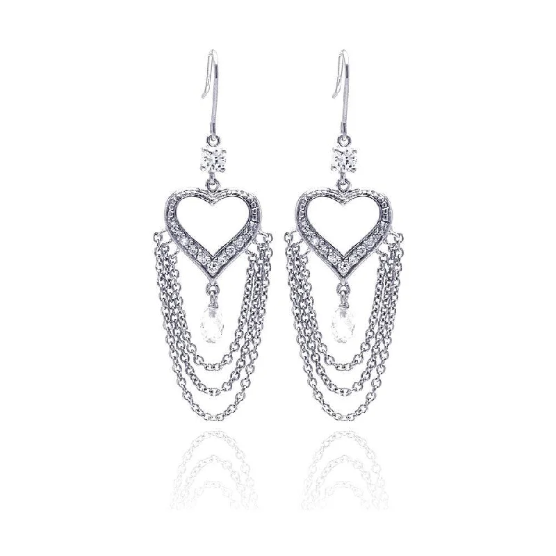 Ladies earrings vintage vibes-Clearance-Silver 925 Rhodium Plated Heart Shape Chandelier CZ Wire Dangling Hook Earrings - STE00096