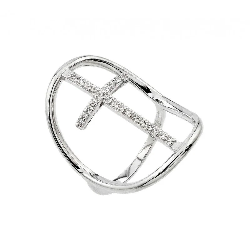 Ladies rings synthetic jewels-Silver 925 Rhodium Plated Cross Ring - BGR00924