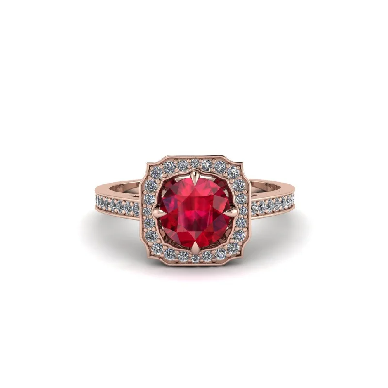 Ladies engagement rings solitaire stones-Ruby Cathedral Halo Engagement Ring - Luciana No. 11