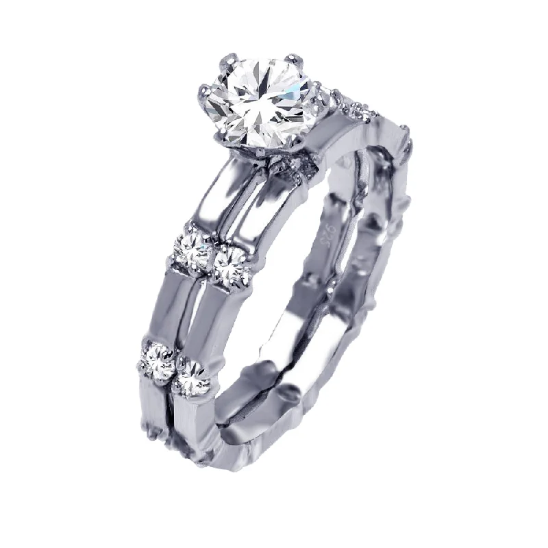 Ladies rings silver finishes-Silver 925 Rhodium Plated Round Center Clear CZ Bridal Ring Set - BGR00384