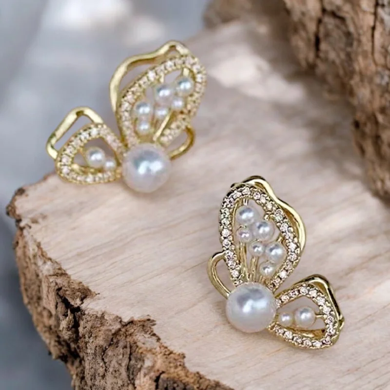 Ladies earrings hypoallergenic-Gorgeous Gold Butterfly Earrings with Pearl Accents