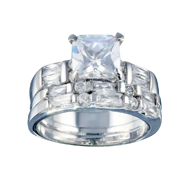 Ladies rings celebrity trends-Rhodium Plated 925 Sterling Silver Clear Baguette Round Square Center CZ Bridal Ring Set - BGR00248