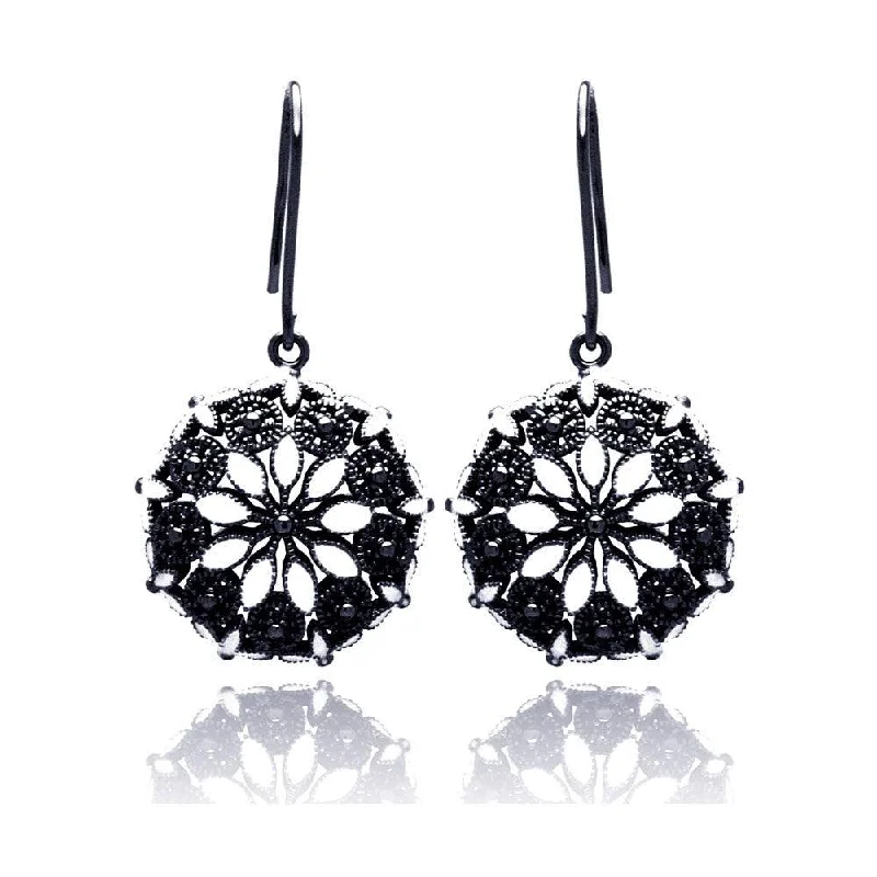 Ladies earrings memory keepsakes-Clearance-Silver 925 Black Rhodium Plated Round Marquis Clear CZ Dangling Hook Earrings - BGE00193