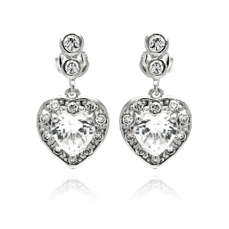 Ladies earrings sister sets-Silver 925 Rhodium Plated Heart CZ Dangling Earrings - BGE00233