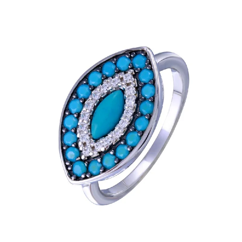 Ladies rings pearl details-Rhodium Plated 925 Sterling Silver Turquoise Clear CZ Evil Eye Ring - BGR01338RHD