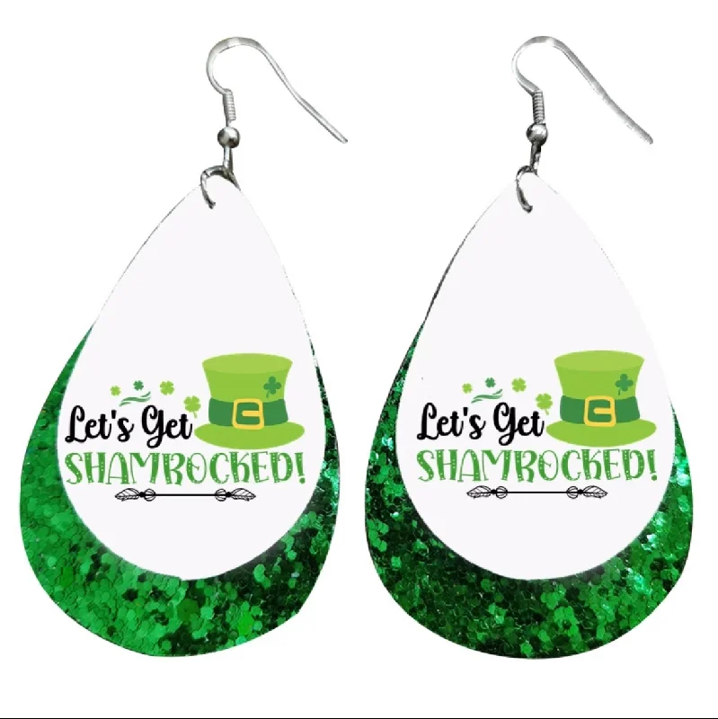 Ladies earrings luxurious appeal-Funny "Let's Get Shamrocked" Leather Drop Earrings