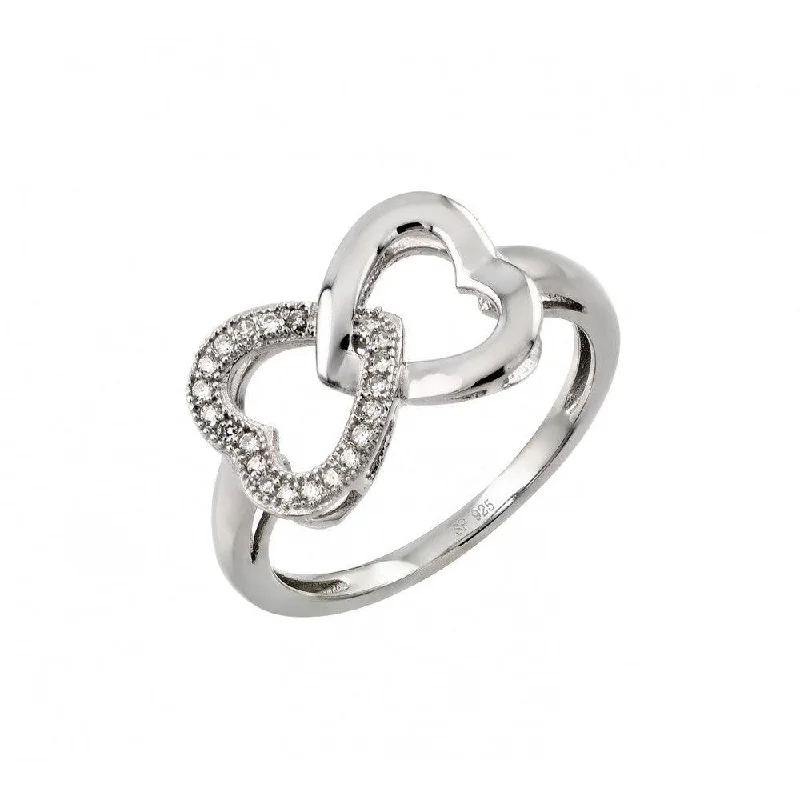 Ladies rings luxurious designs-Silver 925 Rhodium Plated Clear Inlay CZ Intertwined Heart Ring - STR00952