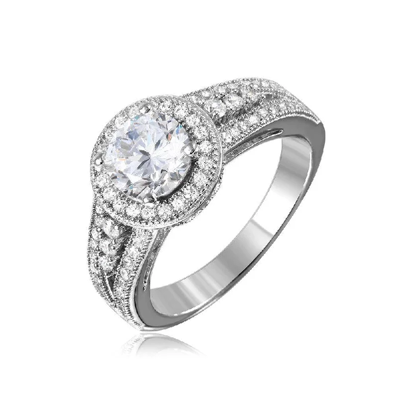 Ladies rings anniversary picks-Silver 925 Rhodium Plated Halo Ring with CZ Split Shank Band - GMR00104