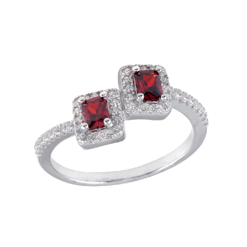 Ladies rings age suitability-Rhodium Plated 925 Sterling Silver Double Square Red Center CZ Ring - BGR01254RED