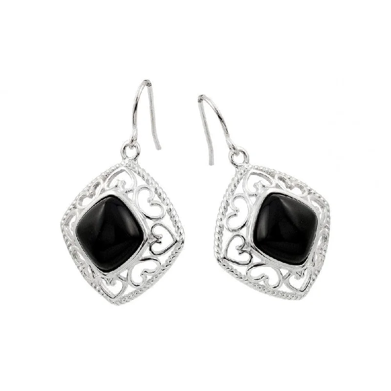 Ladies earrings floral accents-Clearance-Silver 925 Rhodium Plated Square Black CZ Dangling Hook Earrings - STE00738