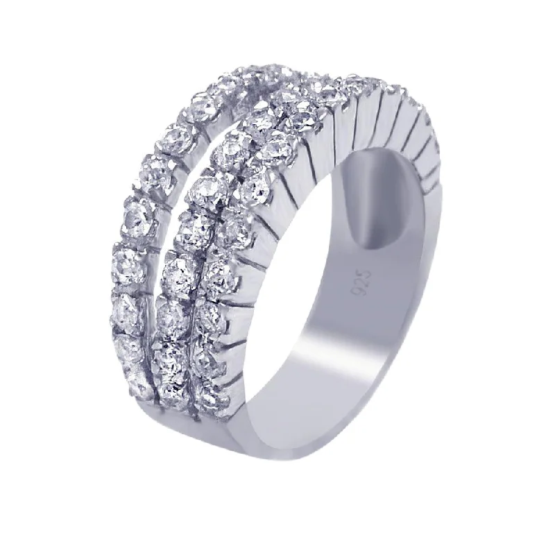 Ladies rings sterling silver-Silver 925 Rhodium Plated 3 Row Clear CZ Ring - AAR0011