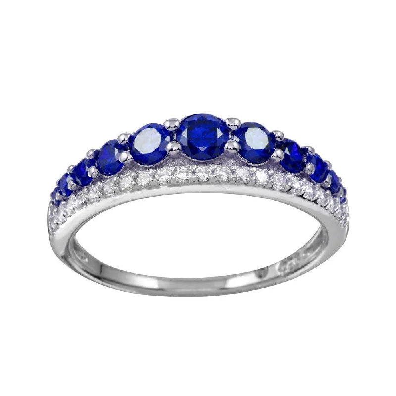 Ladies rings luxurious designs-Rhodium Plated 925 Sterling Silver Blue and Clear CZ Stones Ring - BGR01175BLU