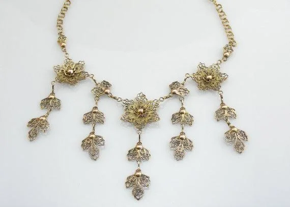 Ladies rings sterling silver-Vintage Floral Gold Filigree Festoon Necklace