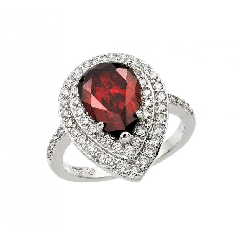 Ladies rings jade accents-Silver 925 Rhodium Plated Red Center and Clear Cluster CZ Teardrop Ring - BGR00887RED