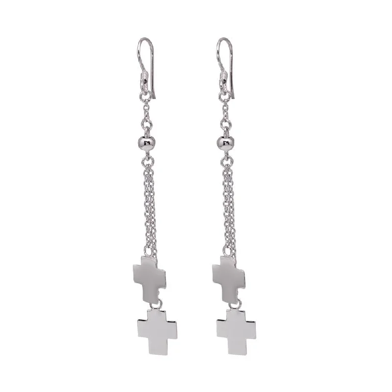 Ladies earrings titanium picks-Silver 925 Rhodium Plated Two Cross Wire Dangling Hook Earrings - DSE00015