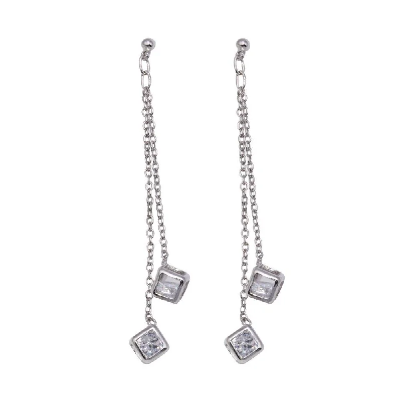 Ladies earrings girlfriend gifts-Silver 925 Rhodium Plated Two Wire Dangling Block CZ Hook Earrings - DSE00025