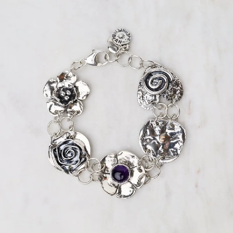 Ladies bracelets heart motifs-Sterling Silver Five Element Amethyst Bracelet