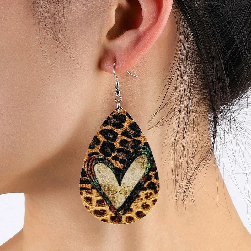 Ladies earrings animal charms-Leather Leopard Print Heart Earrings