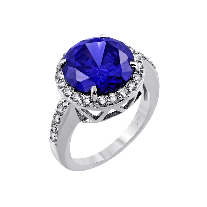 Ladies rings size options-Silver 925 Rhodium Plated Blue Round and Clear Inlay CZ Bridal Ring - BGR00780