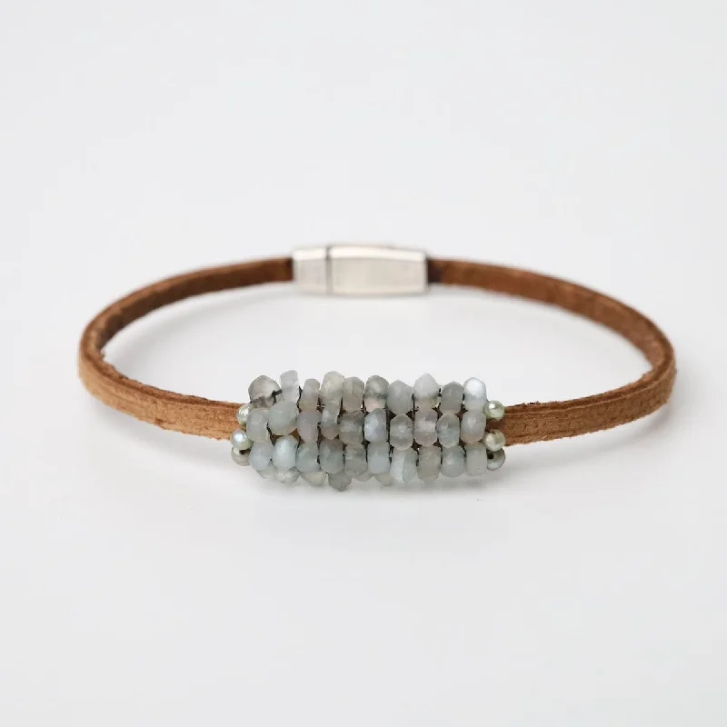 Ladies bracelets fashion picks-Pale Green Moonstone & Pearl Deluxe Leather Bracelet