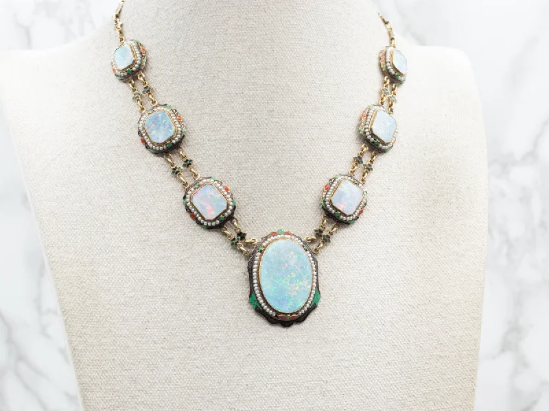 Ladies rings one-of-a-kind-Rare Early 1900's Opal Seed Pearl and Enamel Necklace