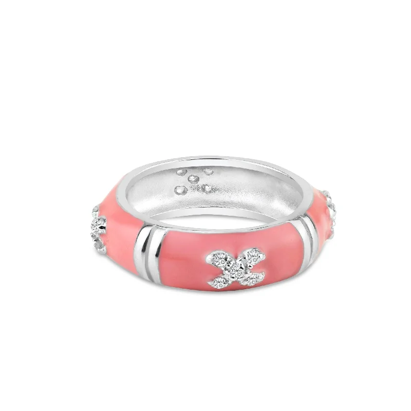 Ladies rings engagement options-Clearance-Silver 925 Rhodium Plated Pink Enamel Pave Set CZ Ring - STR00519