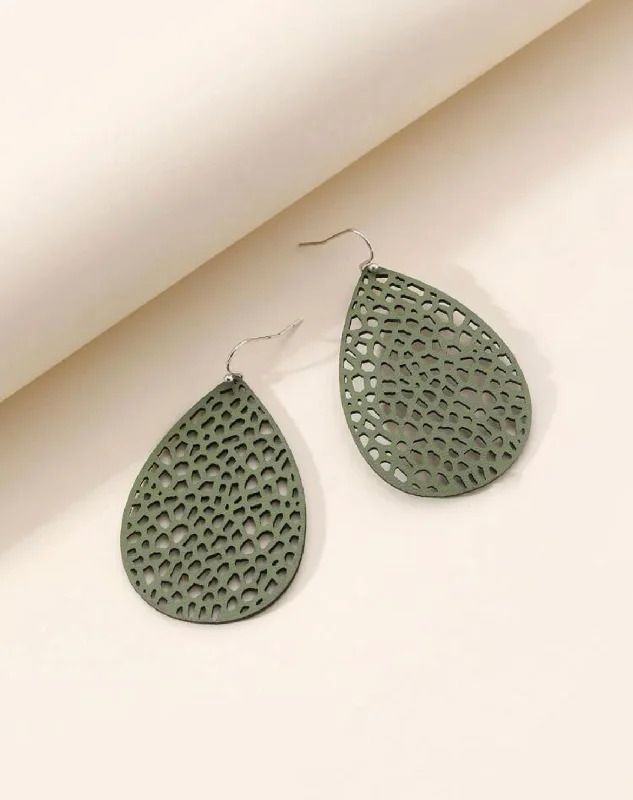 Ladies earrings jade details-Green Hollow Out Water Drop Earrings