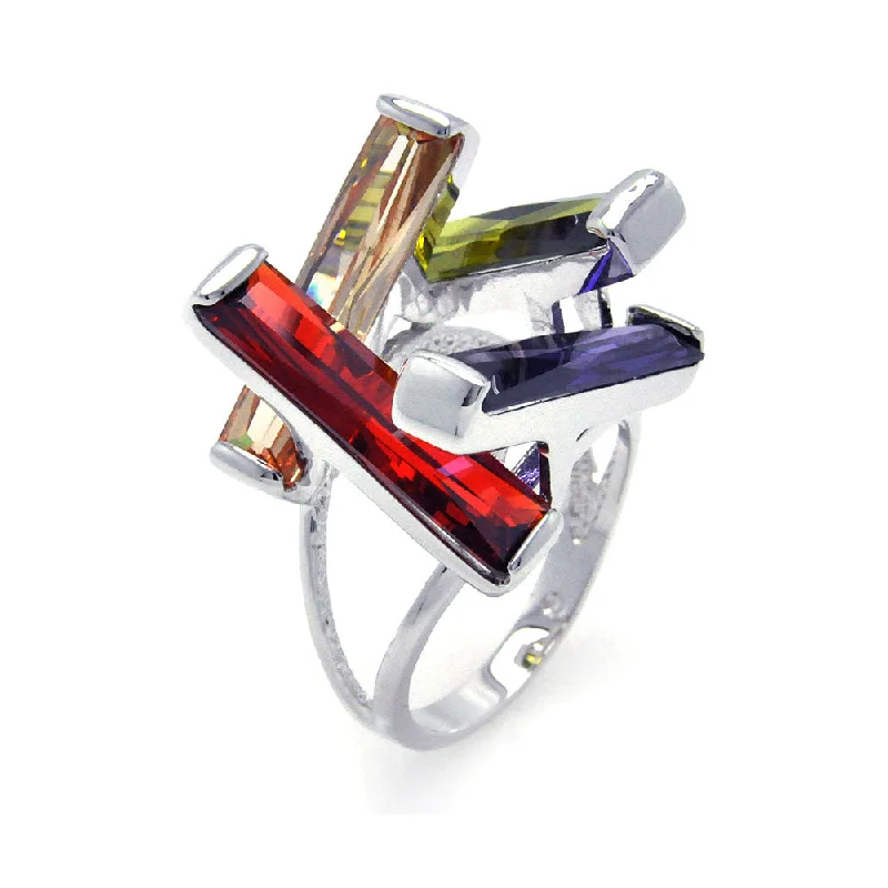 Ladies rings ruby stones-Clearance-Silver 925 Rhodium Plated Multi Colored CZ Open Long Bar Ring - BGR00259