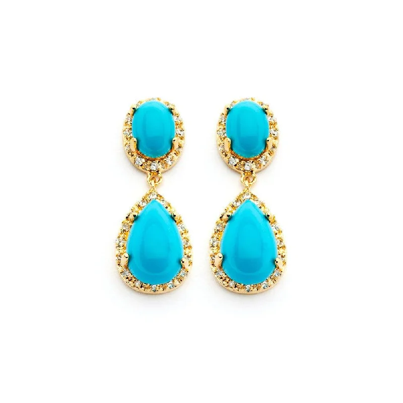 Ladies earrings ruby pendants-Silver 925 Gold Rhodium Plated Round CZ Turquoise Teardrop Round Dangling Earrings - BGE00351