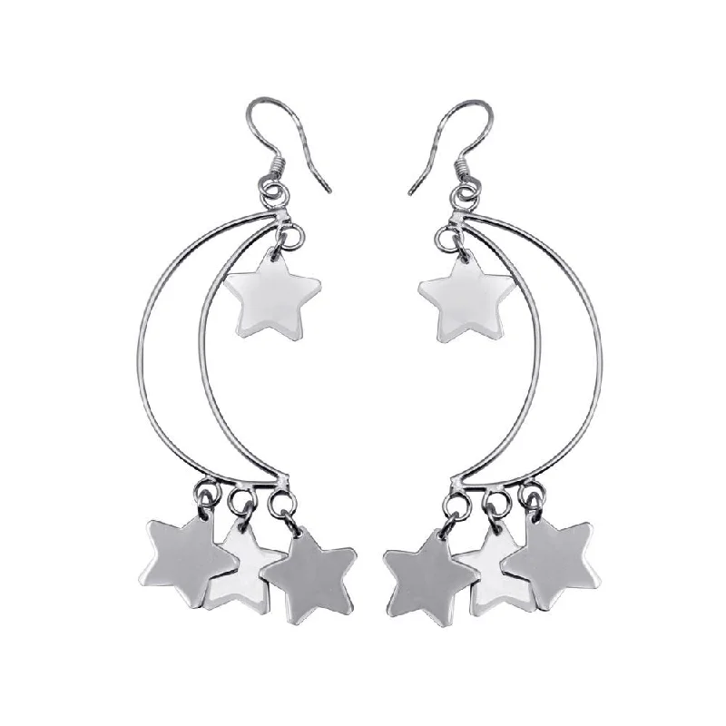 Ladies earrings Christmas styles-Silver 925 Rhodium Plated Open Crescent Moon Dangling Stars Hook Earrings - DSE00072