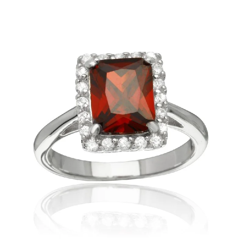 Ladies rings size options-Rhodium Plated 925 Sterling Silver Square Red CZ Halo Ring - BGR01113RED