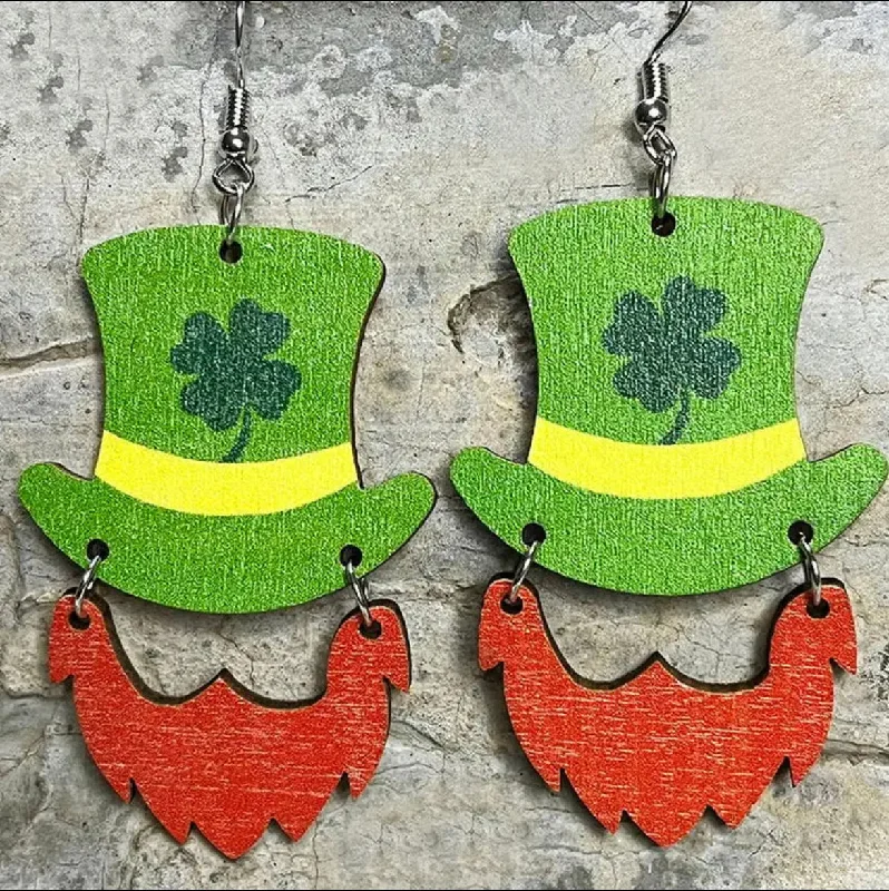 Ladies earrings lightweight styles-Wooden Leprechaun Drop Earrings