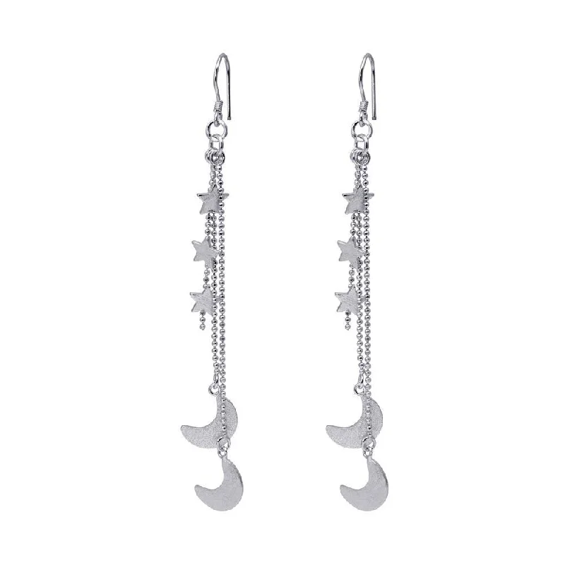 Ladies earrings luxury choices-Silver 925 Rhodium Plated Wire Dangling Star and Crescent Moon Hook Earrings - DSE00033