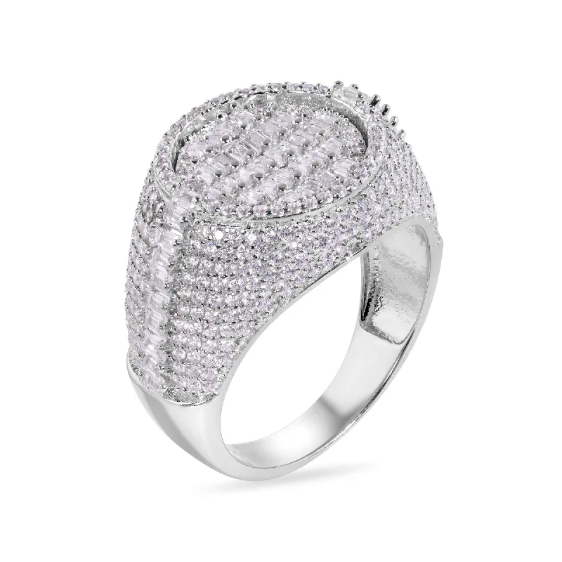 Ladies rings hypoallergenic-Rhodium Plated 925 Sterling Silver Statement Baguette Clear CZ Round Top 17.5mm Ring - GMR00389