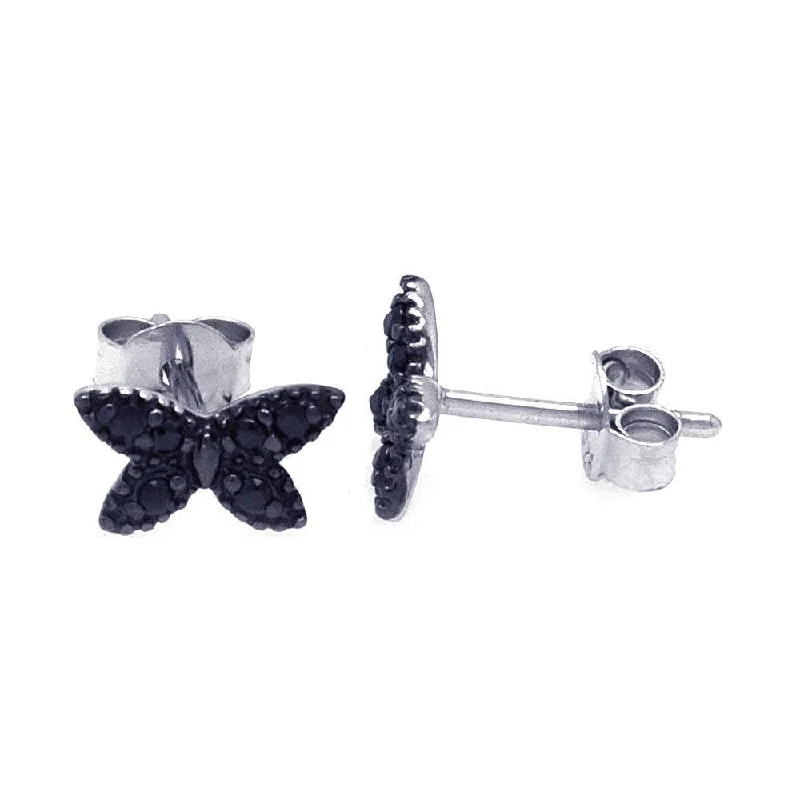 Ladies earrings affordable picks-Silver 925 Rhodium Plated Black Butterfly CZ Post Earrings - STE00698