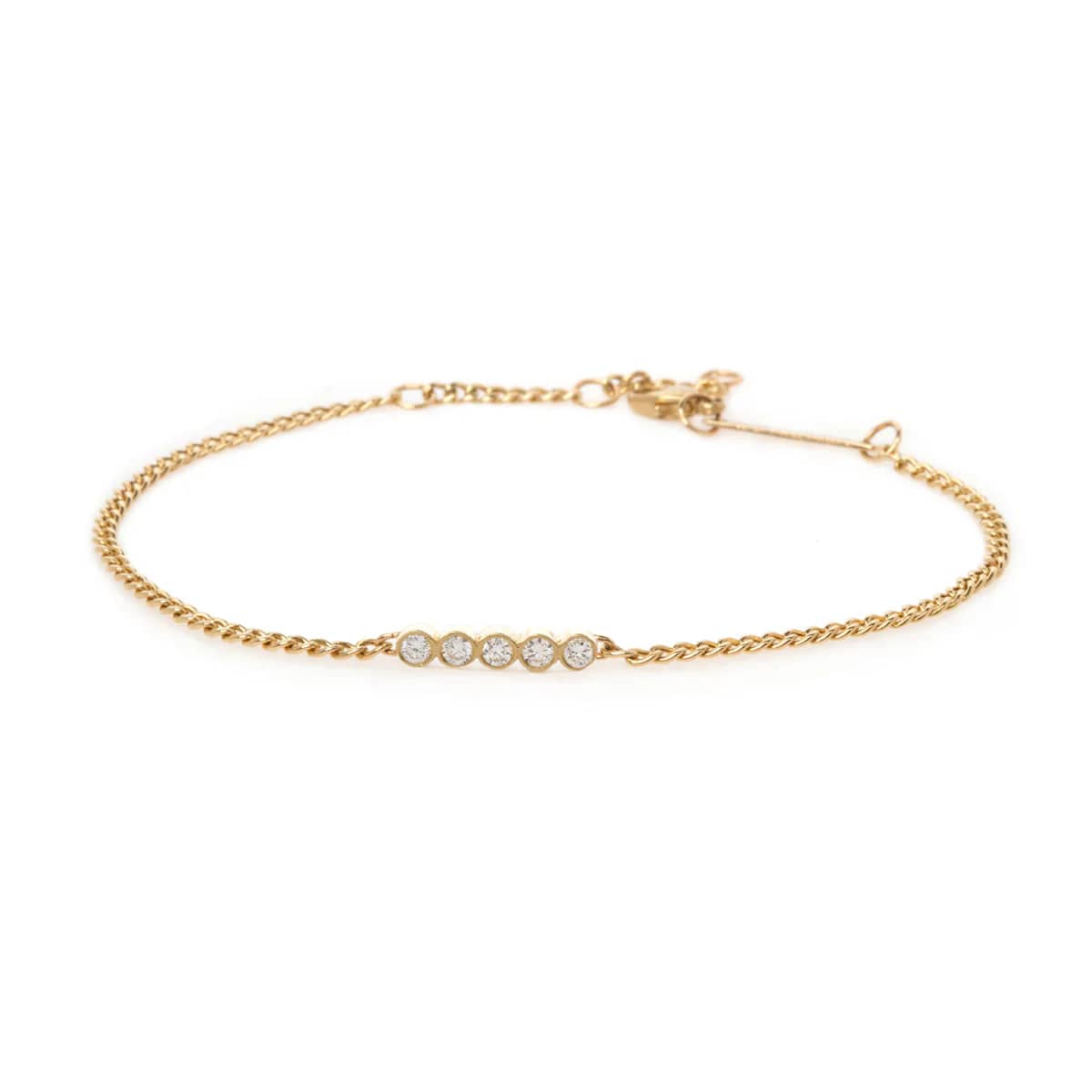 Ladies bracelets punk vibes-14k 5 Diamond Bezel Bar Extra Small Curb Chain Bracelet