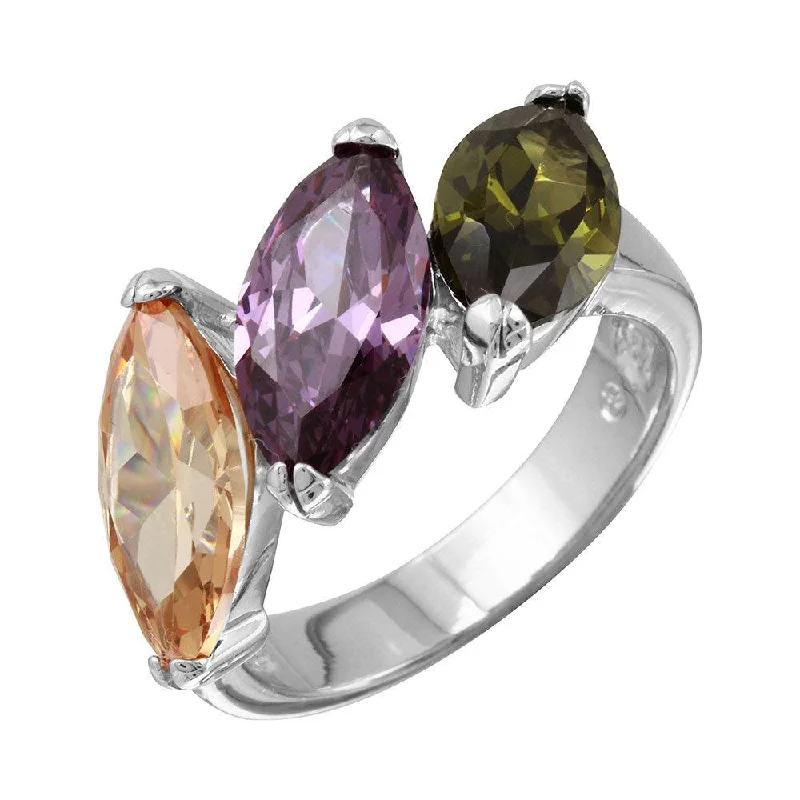 Ladies rings wedding styles-Rhodium Plated 925 Sterling Silver Multi Color 3 CZ Stones Ring - BGR01093