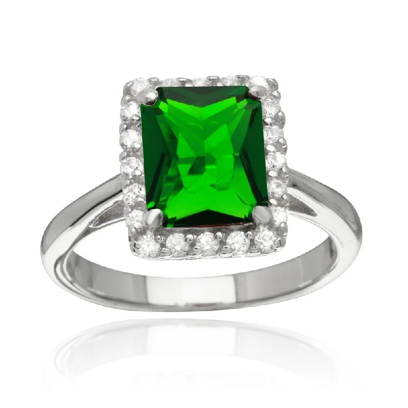 Ladies rings trending styles-Rhodium Plated 925 Sterling Silver Square Green CZ Halo Ring - BGR01113GRN