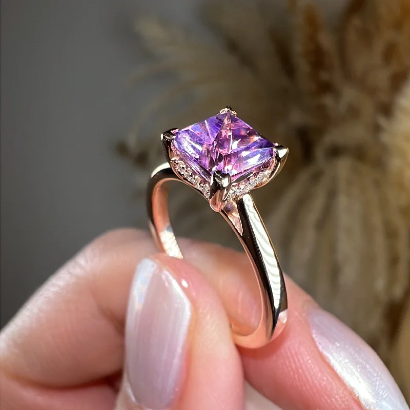 Ladies engagement rings dream rings-"Julie" Princess Cut Amethyst Under Halo Engagement Ring