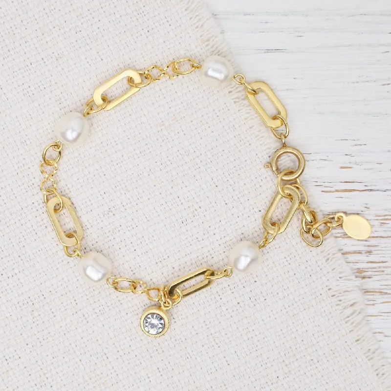 Ladies bracelets birthday surprises-White Crystal Pearl Station Bracelet