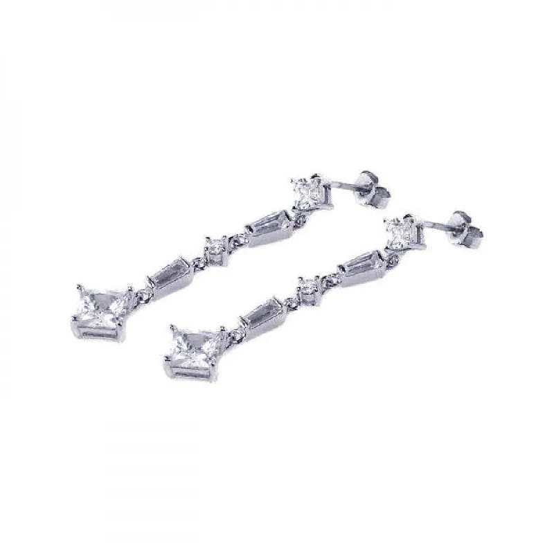 Ladies earrings stud trends-Silver 925 Rhodium Plated Baguette and Square CZ Dangling Earrings - STE00214