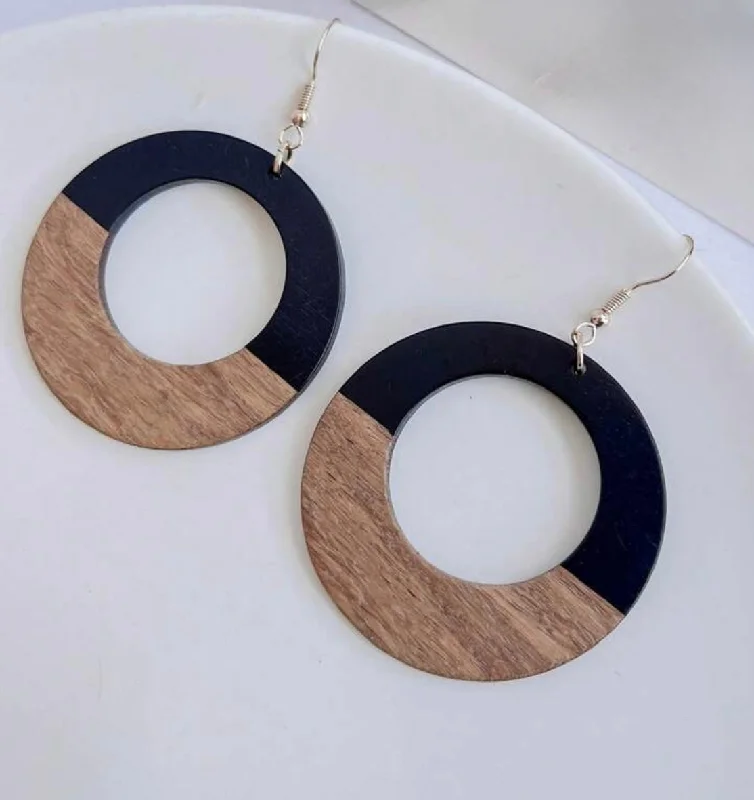 Ladies earrings heart motifs-Round Wood and Black Resin Drop Earrings