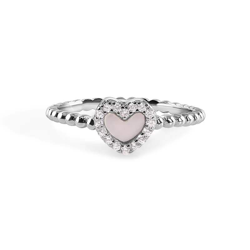 Ladies rings cute accents-925 Sterling Silver Nickel Free Rhodium Plated Syntethic Opal Heart Clear CZ Ring - STR01172