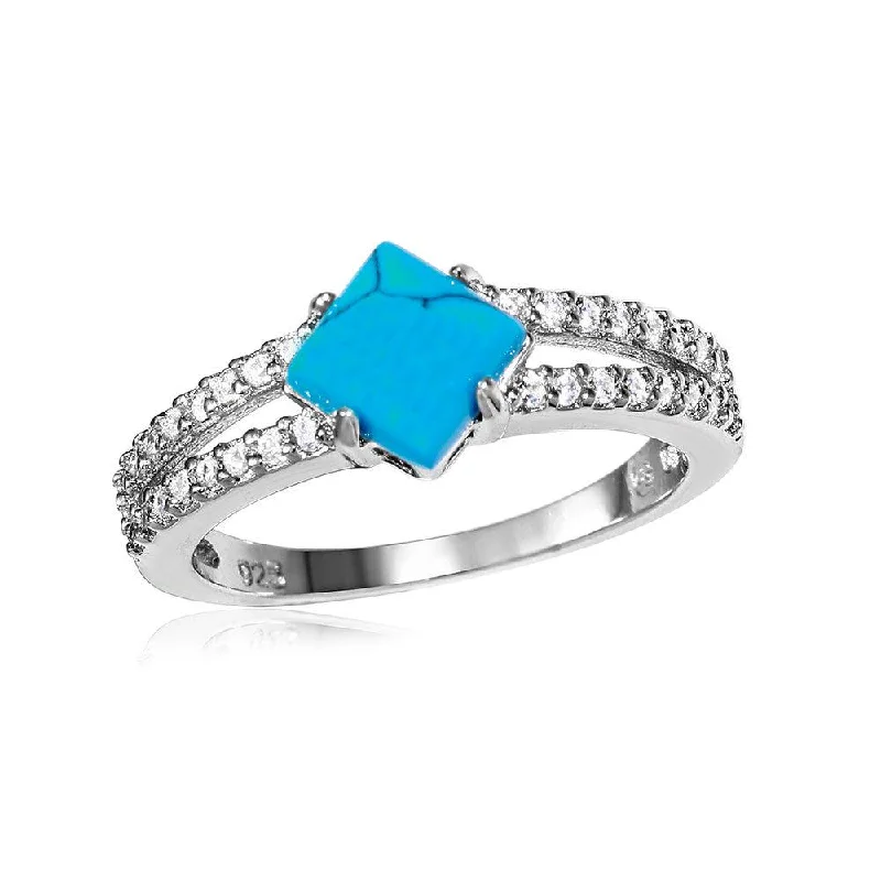 Ladies rings limited editions-Silver 925 Rhodium Plated Turquoise Center Stone Ring with CZ Shank - BGR01057